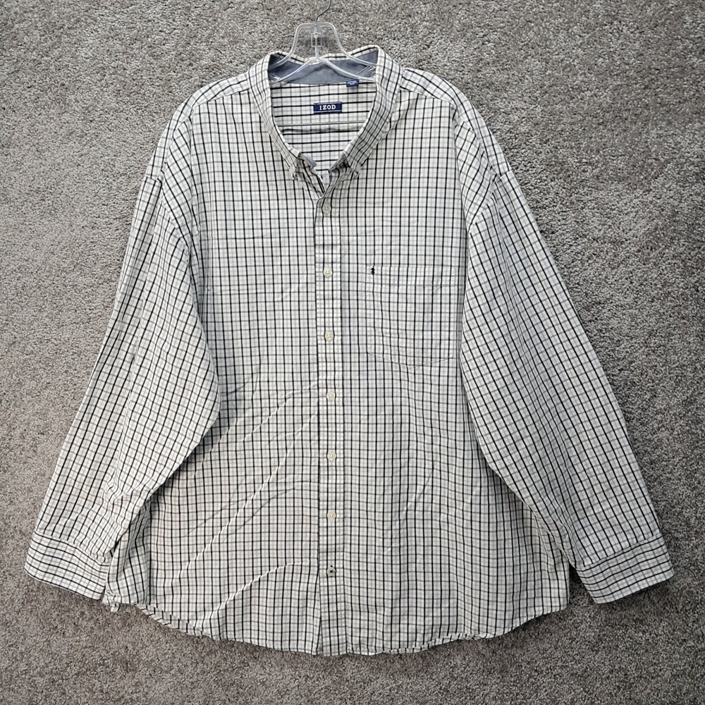 IZOD‎ Mens 3XL Plaid Button Down Shirt Long Sleeve Black Gray White Check